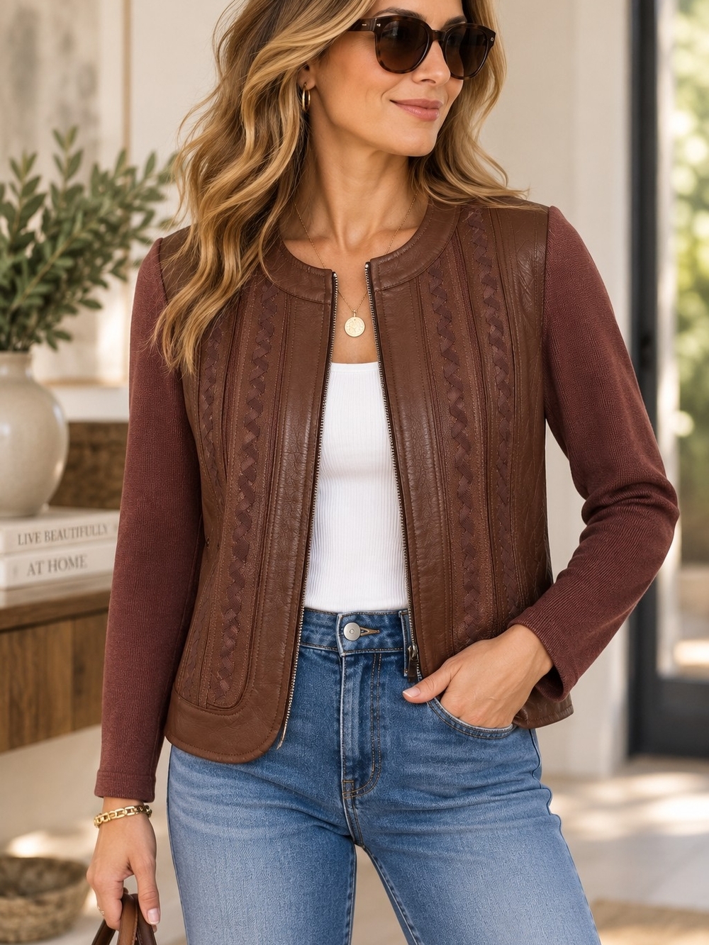 Nygaard Collection Brown Genuine Leather Mixed Media Jacket Petite 4/6